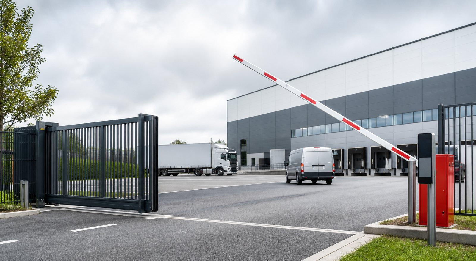 Automated sliding gate and rising arm barrier controlling access to a loading bay yard
