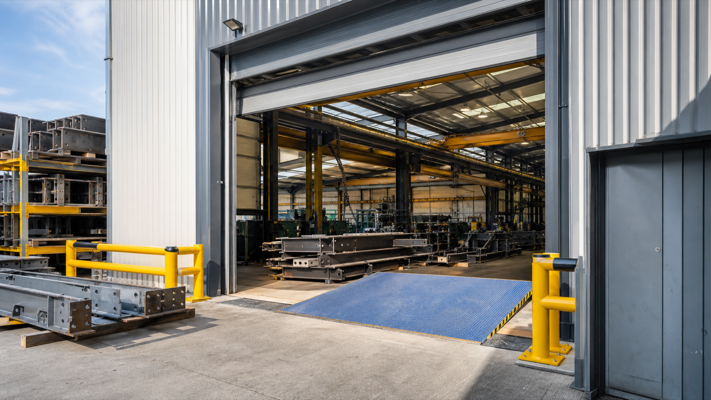 Engineering site loading bay with robust sectional overhead door and dock equipment