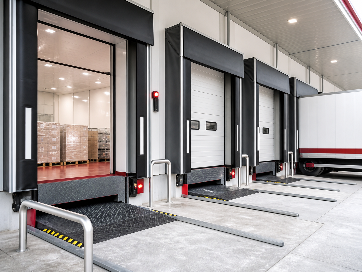 Food manufacturing loading bay with insulated sectional doors and dock shelter