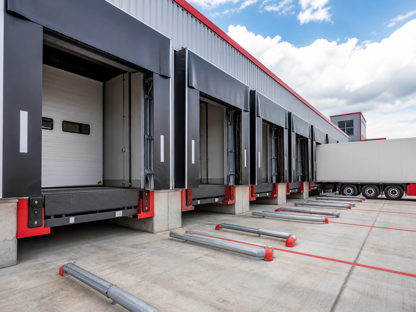 Logistics loading bay with dock levellers, shelters and trailer access