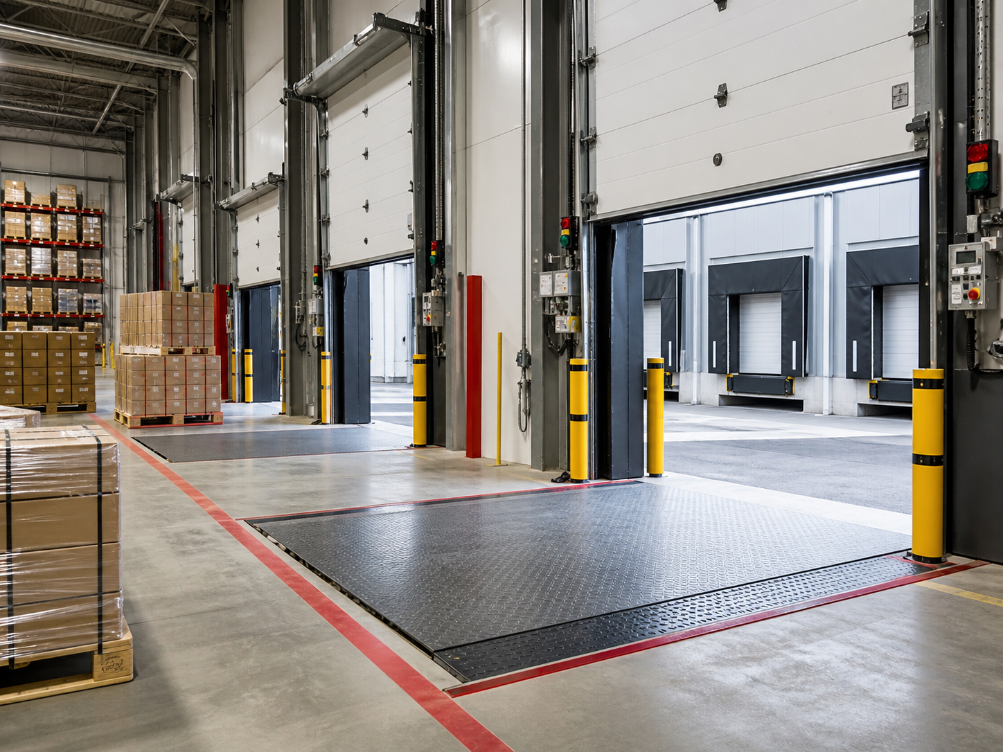Warehouse loading bay doors and dock leveller equipment for goods-in and dispatch