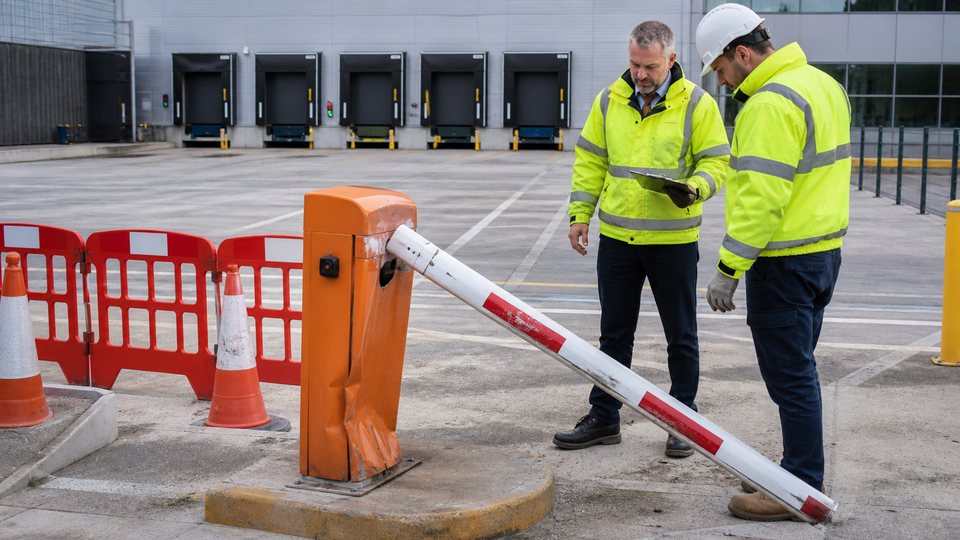 Damaged rising arm barrier and cabinet being inspected at a loading yard entrance