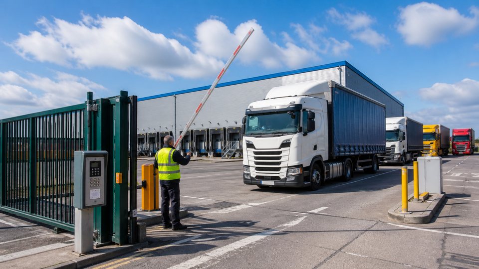 Automated gate and rising arm barrier controlling HGV traffic at a logistics site