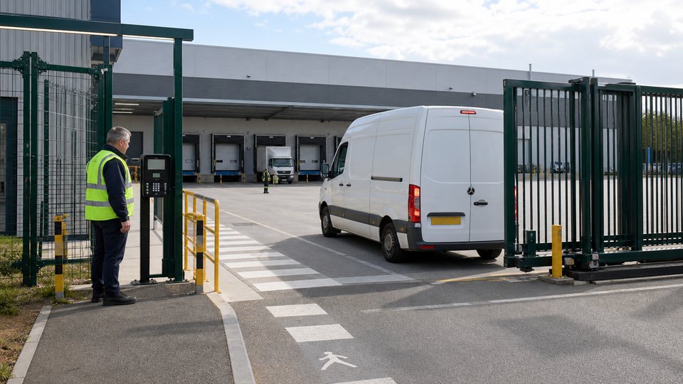 Automated sliding gate controlling van access at a warehousing goods-in yard